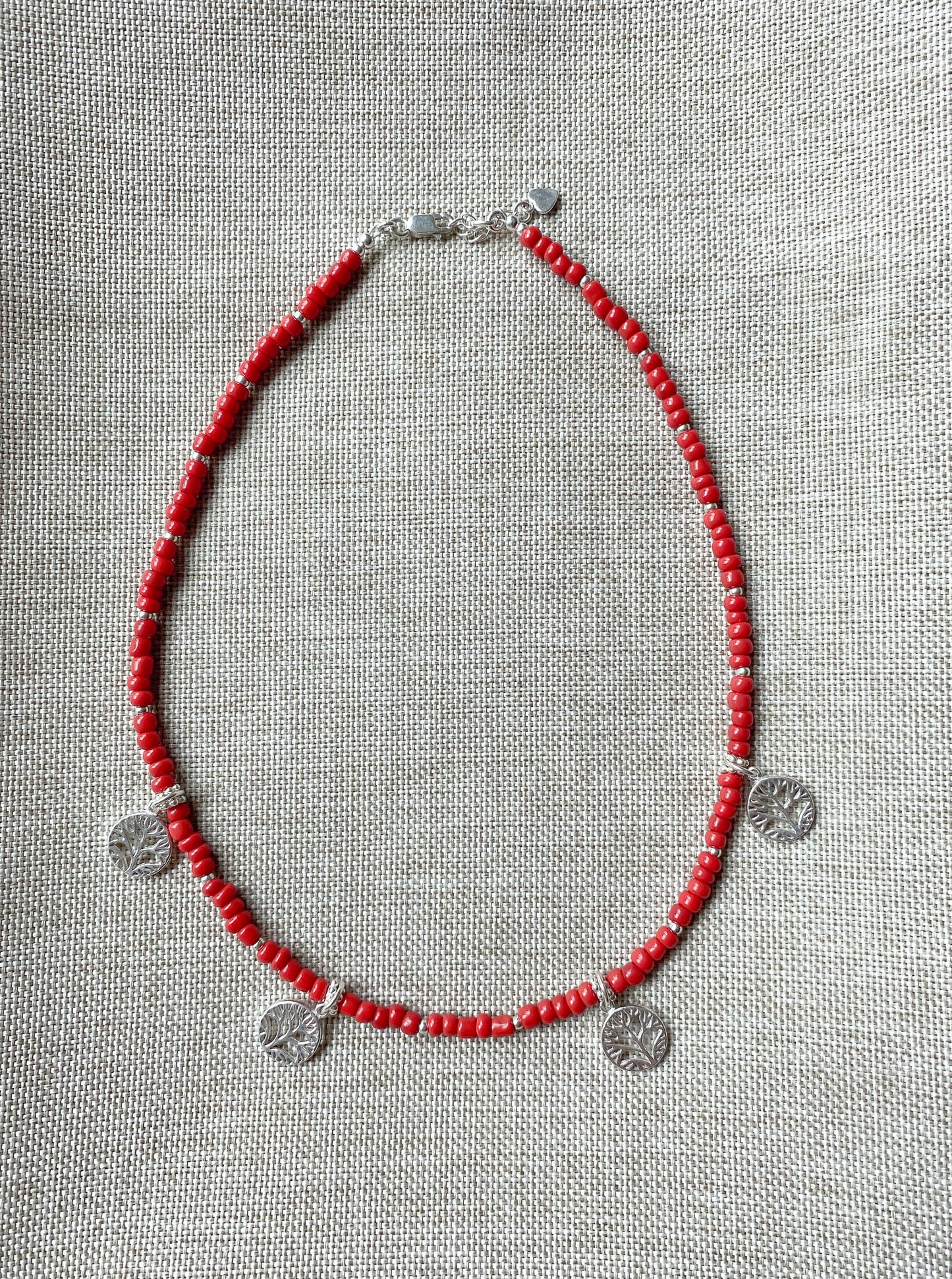 Sterling Silver Red Beaded Tree of Life Necklace