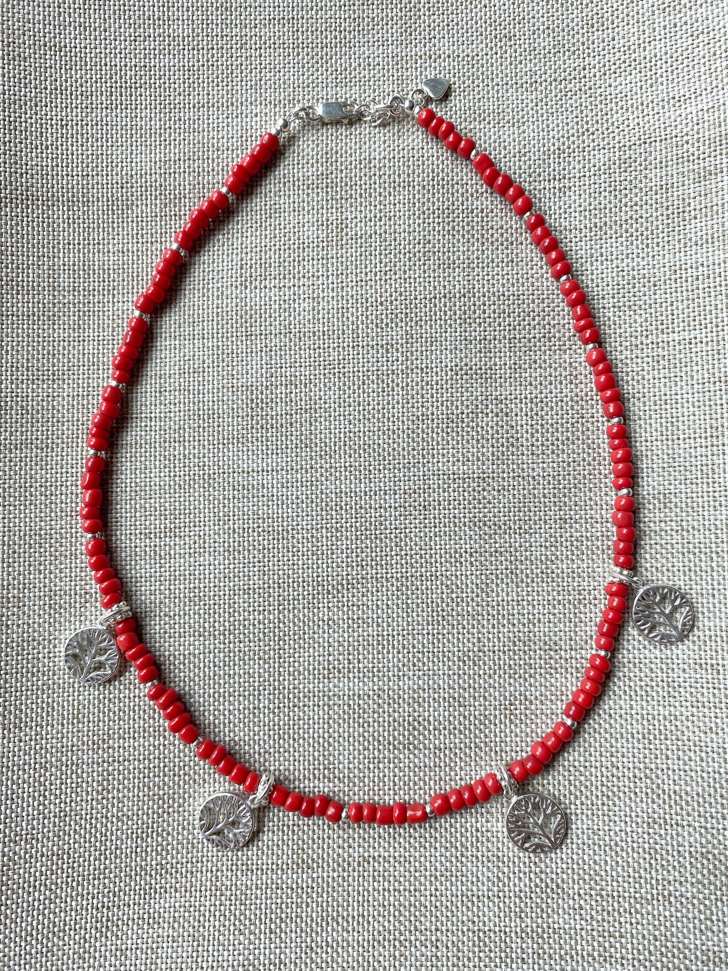 Sterling Silver Red Beaded Tree of Life Necklace