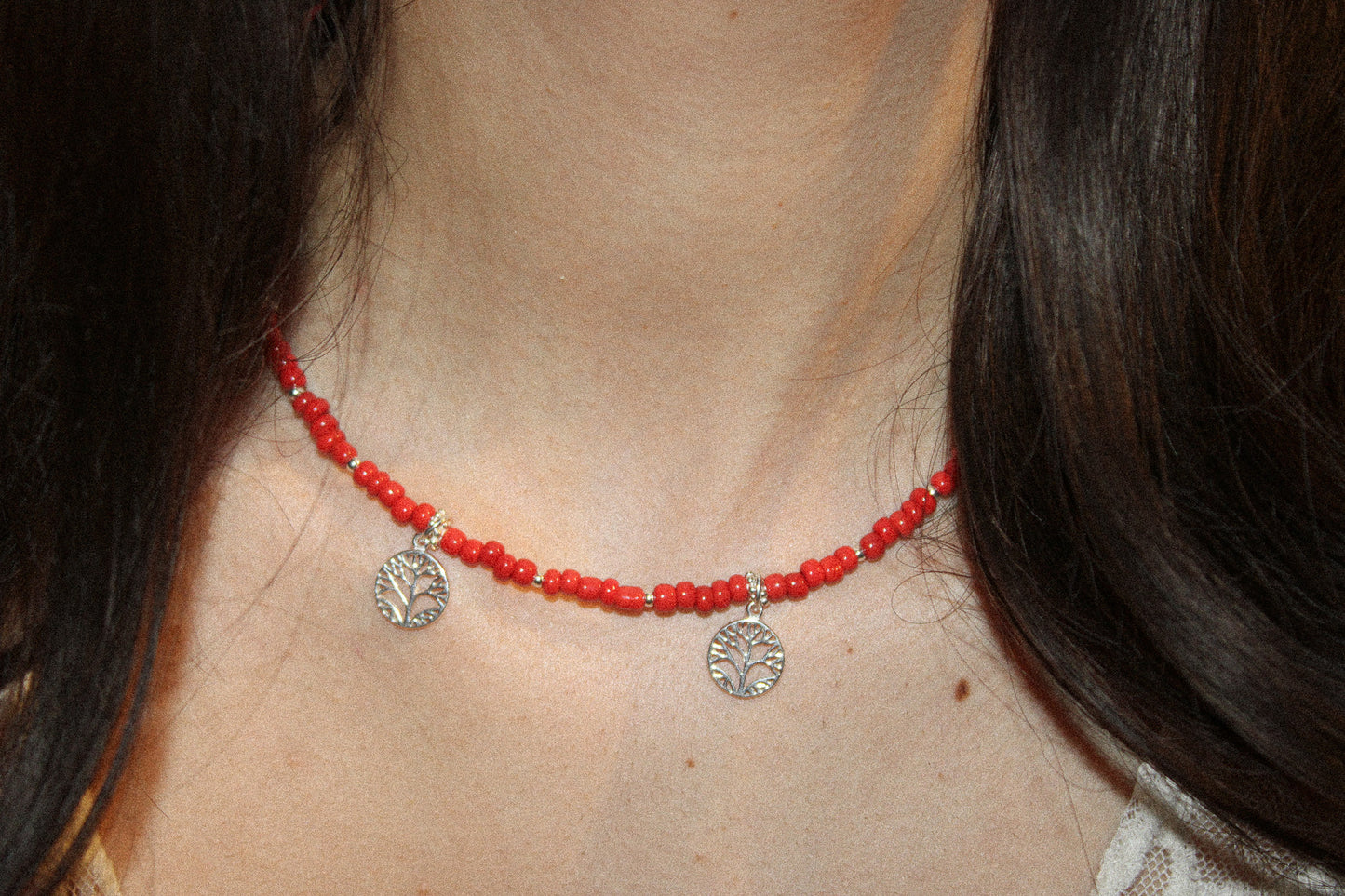 Sterling Silver Red Beaded Tree of Life Necklace