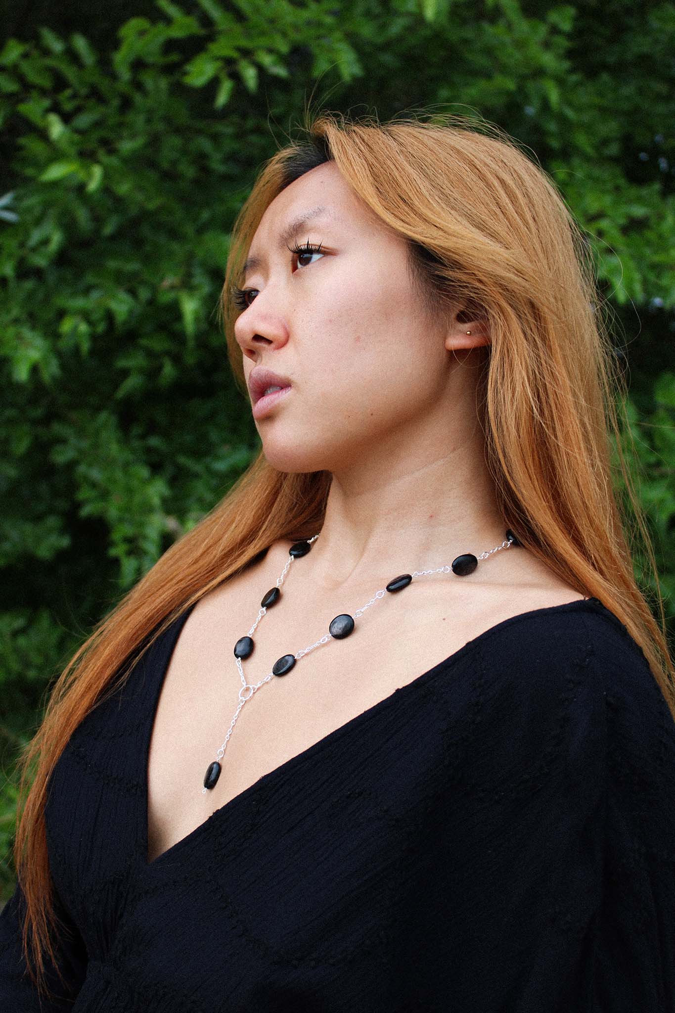 Black Agate Rosary Style Necklace