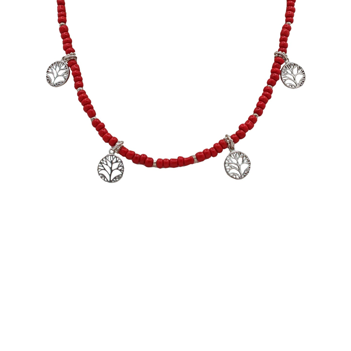 Red Beads & Tree of Life Charms Necklace
