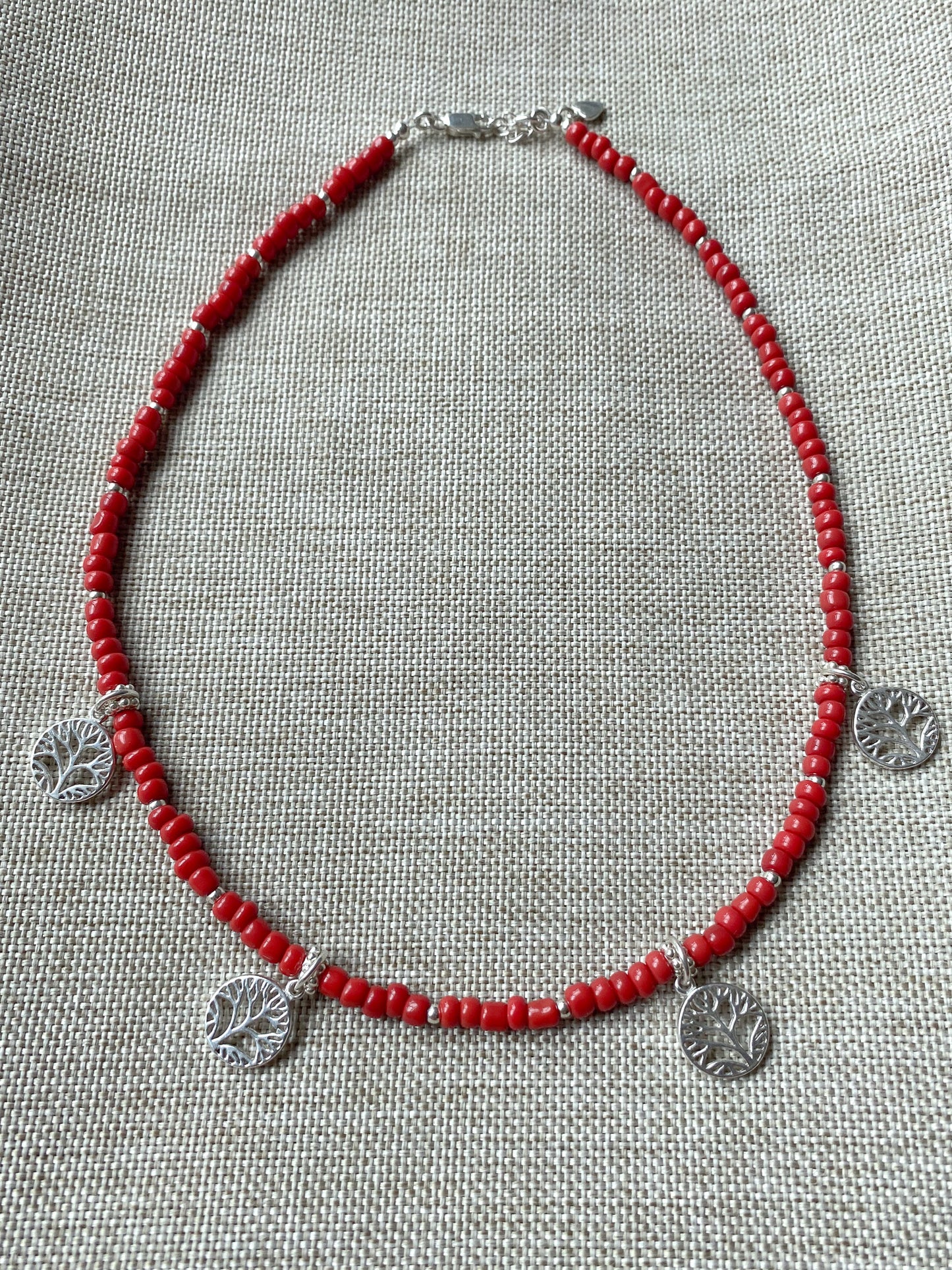 Sterling Silver Red Beaded Tree of Life Necklace