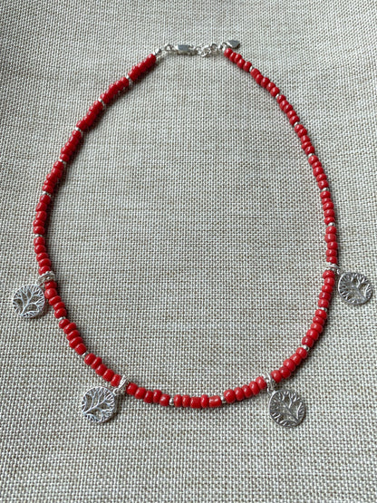 Sterling Silver Red Beaded Tree of Life Necklace