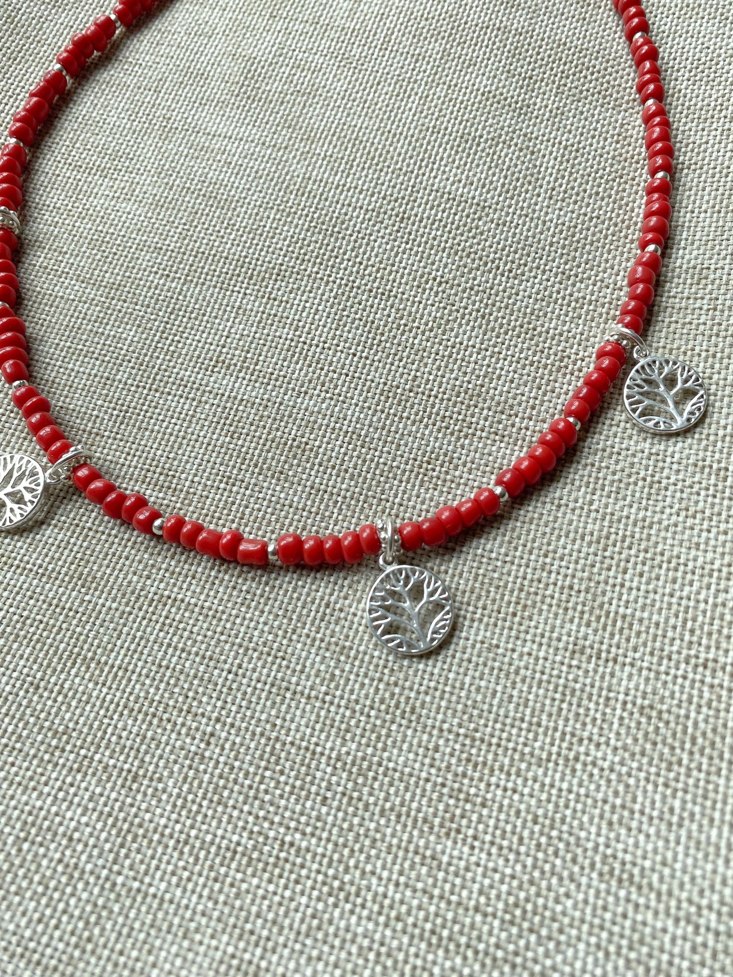 Sterling Silver Red Beaded Tree of Life Necklace