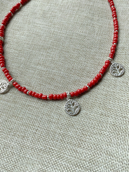 Sterling Silver Red Beaded Tree of Life Necklace