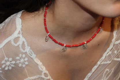 Sterling Silver Red Beaded Tree of Life Necklace