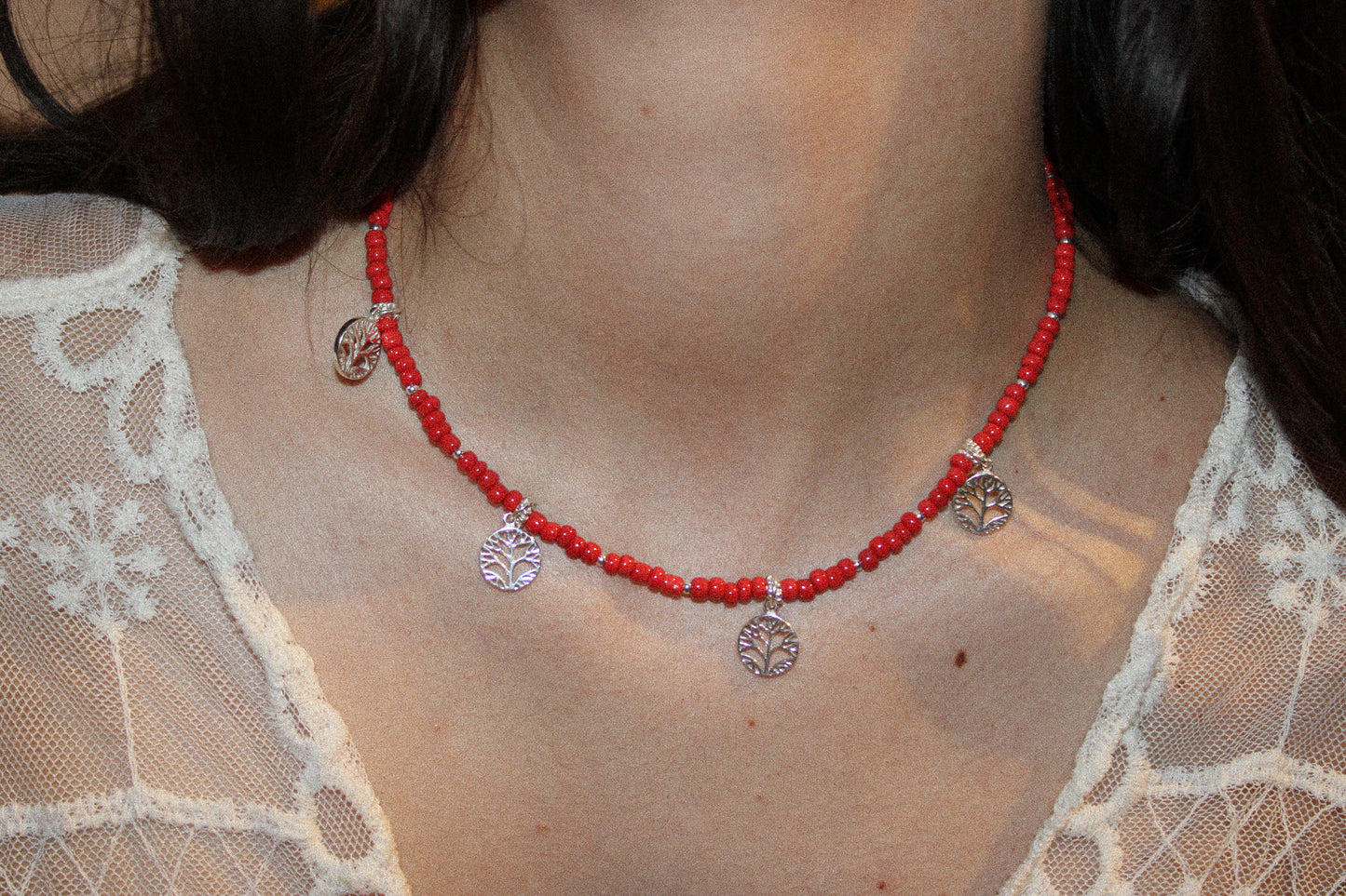 Sterling Silver Red Beaded Tree of Life Necklace