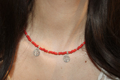 Sterling Silver Red Beaded Tree of Life Necklace