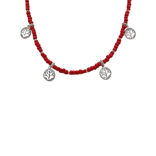 Red Beads & Tree of Life Charms Necklace